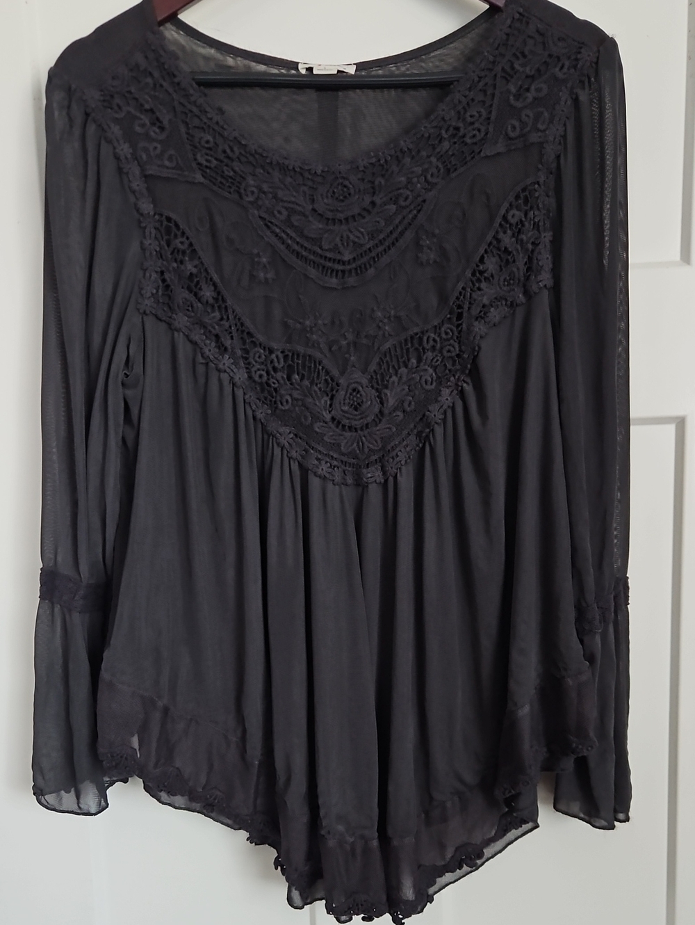 Ultra Pink Charcoal Lace Top Womens Large Sheer Bell Sleeve Peasant Blouse